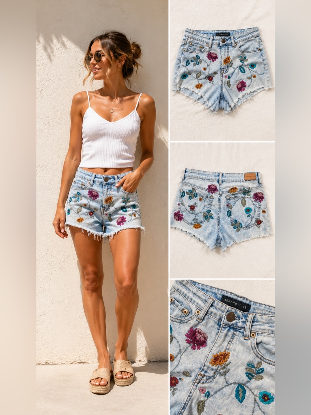 Aeropostale Floral Embroidered Denim Cutoff Shorts Size 4 Boho Festival Summer